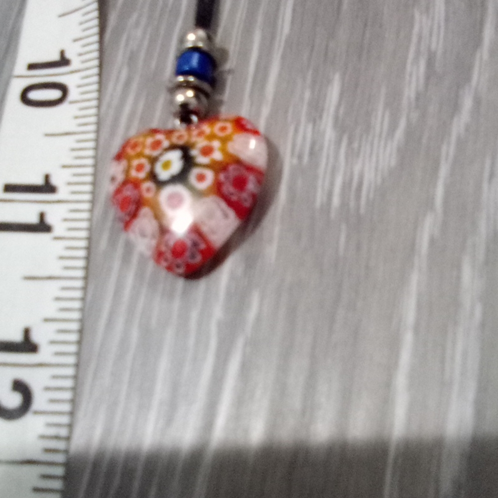 Vintage Floral Heart Glass Pendant on Slip Knot Cord - Picture 15 of 15